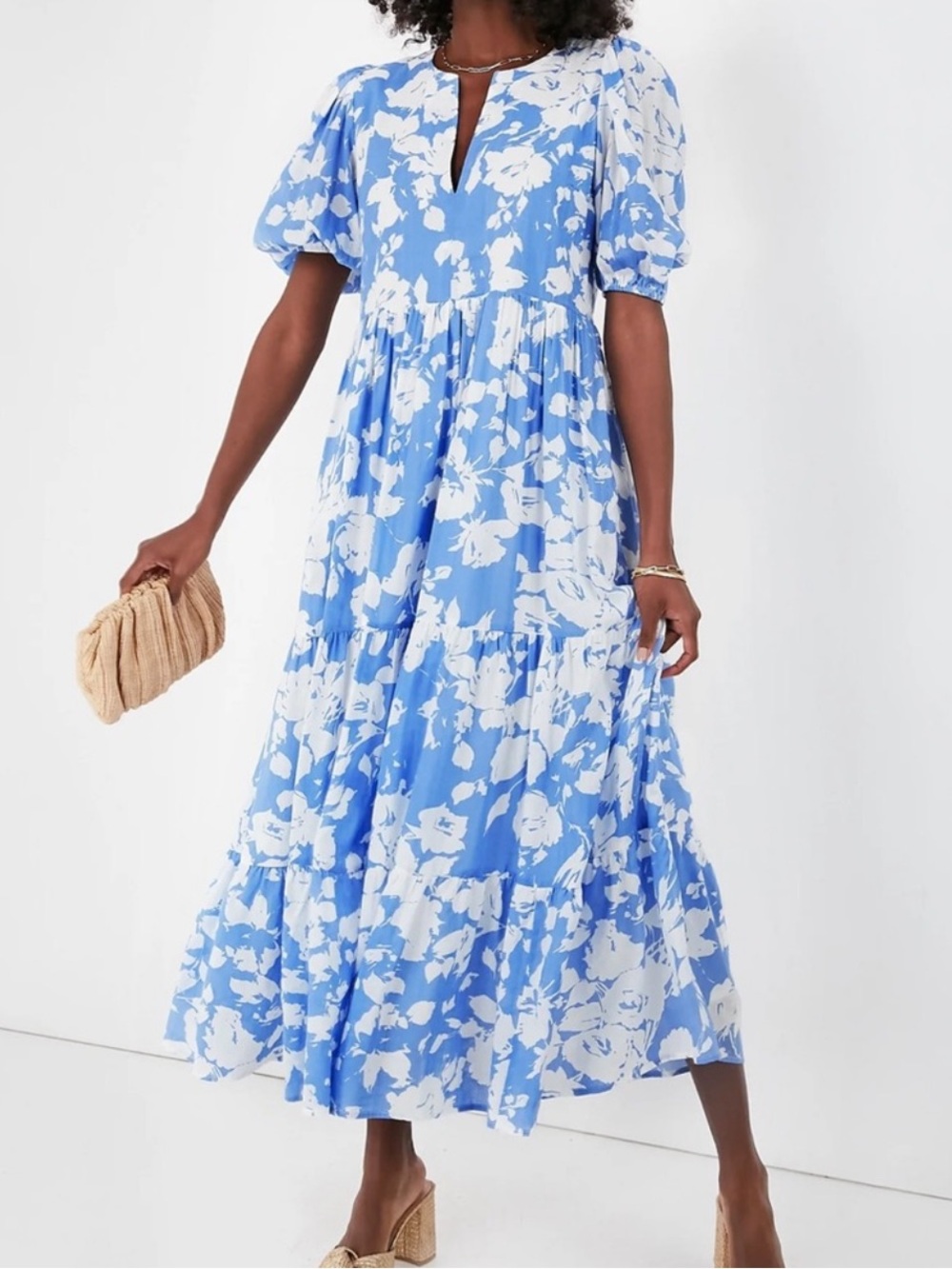 Hyacinth House Blue White Floral Puff Sleeve Tiered Maxi Dress Pockets Size S